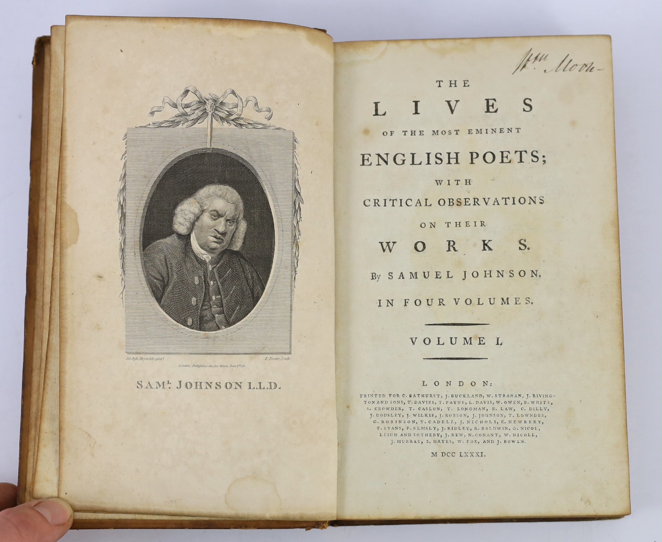 Johnson, Samuel - The Lives of the Most Eminent English Poets....First Edition, 4 vols. portrait frontis.; old calf (sometime rebacked) with gilt panelled spines. 1781